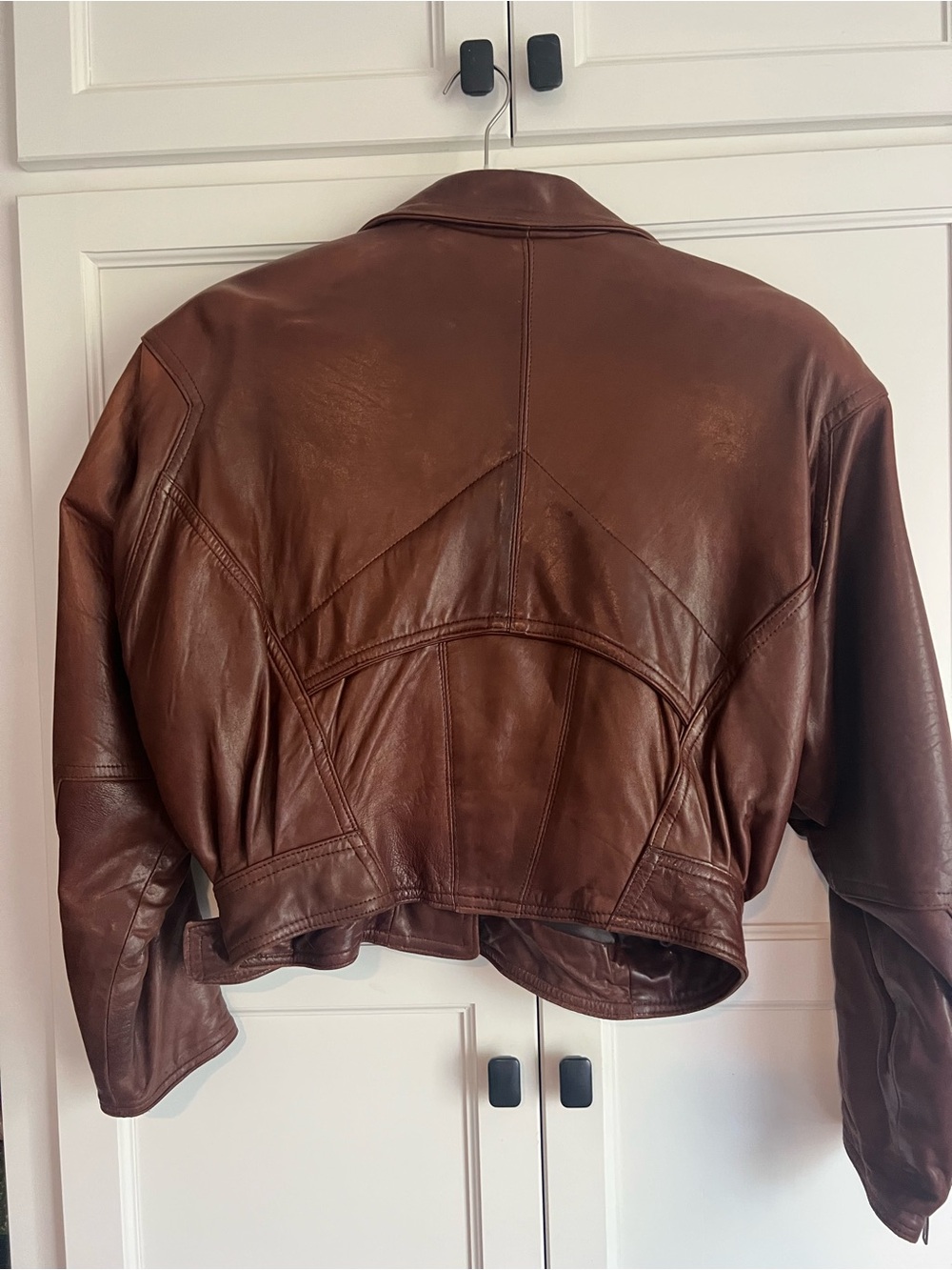 Christian Lauren Vintage Brown Leather Cropped Biker Jacket with Belt - Picture 2 of 9